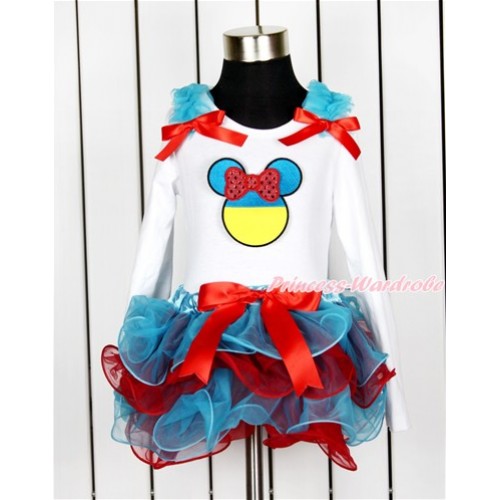 World Cup White Baby Long Sleeves Top with Peacock Blue Ruffles & Red Bow & Sparkle Red Ukraine Minnie Print with Red Bow Peacock Blue Red Petal Baby Pettiskirt NQ06 